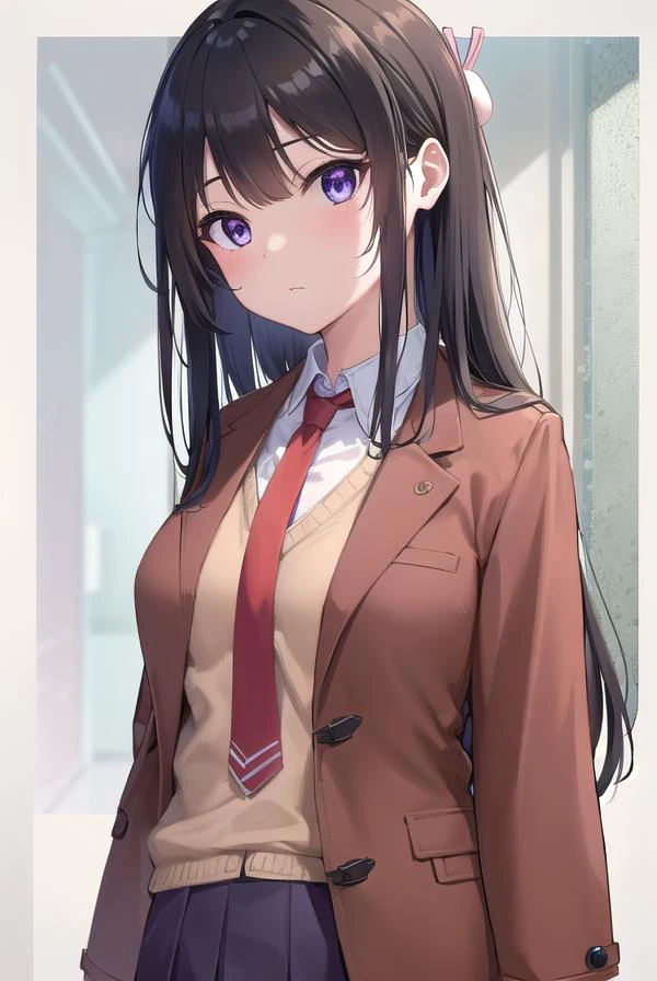 maisakurajima, <lyco:maisakurajima-lyco-nochekaiser:1>,
sakurajima mai, long hair, bangs, (black hair:1.5), hair ornament, (purple eyes:1.2), hairclip, rabbit hair ornament,
BREAK skirt, shirt, school uniform, white shirt, short sleeves, pantyhose, pleated skirt, collared shirt, blue skirt, black pantyhose, red necktie, jacket, (brown jacket:1.5),
BREAK indoors, classroom,
BREAK looking at viewer, upper body, full body,
BREAK <lyco:GoodHands-beta2:1>, (masterpiece:1.2), best quality, high resolution, unity 8k wallpaper, (illustration:0.8), (beautiful detailed eyes:1.6), extremely detailed face, perfect lighting, extremely detailed CG, (perfect hands, perfect anatomy),