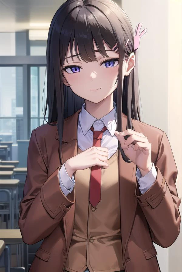 maisakurajima, <lyco:maisakurajima-lyco-nochekaiser:1>,
sakurajima mai, long hair, bangs, (black hair:1.5), hair ornament, (purple eyes:1.2), hairclip, rabbit hair ornament, <lora:sensualface_type2:1>, smile,
BREAK skirt, shirt, school uniform, white shirt, short sleeves, pantyhose, pleated skirt, collared shirt, blue skirt, black pantyhose, red necktie, jacket, (brown jacket:1.5),
BREAK indoors, classroom,
BREAK looking at viewer, (cowboy shot:1.5),
BREAK <lyco:GoodHands-beta2:1>, (masterpiece:1.2), best quality, high resolution, unity 8k wallpaper, (illustration:0.8), (beautiful detailed eyes:1.6), extremely detailed face, perfect lighting, extremely detailed CG, (perfect hands, perfect anatomy),