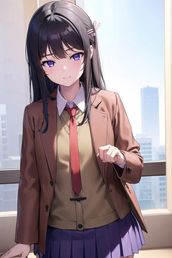 maisakurajima, <lyco:maisakurajima-lyco-nochekaiser:1>,
sakurajima mai, long hair, bangs, (black hair:1.5), hair ornament, (purple eyes:1.2), hairclip, rabbit hair ornament, <lora:sensualface_type2:1>, smile,
BREAK skirt, shirt, school uniform, white shirt, short sleeves, pantyhose, pleated skirt, collared shirt, blue skirt, black pantyhose, red necktie, jacket, (brown jacket:1.5),
BREAK indoors, classroom,
BREAK looking at viewer, (cowboy shot:1.5),
BREAK <lyco:GoodHands-beta2:1>, (masterpiece:1.2), best quality, high resolution, unity 8k wallpaper, (illustration:0.8), (beautiful detailed eyes:1.6), extremely detailed face, perfect lighting, extremely detailed CG, (perfect hands, perfect anatomy),