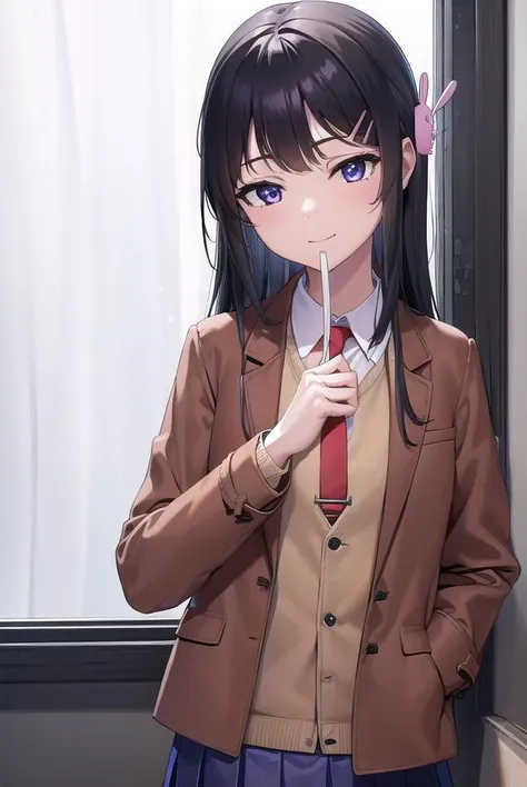 maisakurajima, <lyco:maisakurajima-lyco-nochekaiser:1>, 
sakurajima mai, long hair, bangs, (black hair:1.5), hair ornament, (purple eyes:1.2), hairclip, rabbit hair ornament, <lora:sensualface_type2:1>, smile,
BREAK skirt, shirt, school uniform, white shirt, short sleeves, pantyhose, pleated skirt, collared shirt, blue skirt, black pantyhose, red necktie, jacket, (brown jacket:1.5),
BREAK indoors, classroom,
BREAK looking at viewer, (cowboy shot:1.5),
BREAK <lyco:GoodHands-beta2:1>, (masterpiece:1.2), best quality, high resolution, unity 8k wallpaper, (illustration:0.8), (beautiful detailed eyes:1.6), extremely detailed face, perfect lighting, extremely detailed CG, (perfect hands, perfect anatomy),