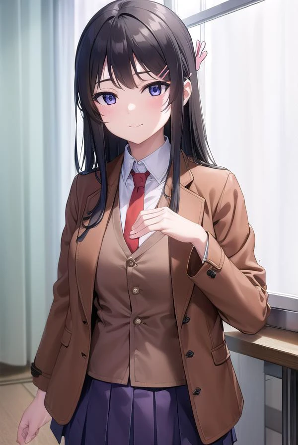 maisakurajima, <lyco:maisakurajima-lyco-nochekaiser:1>,
sakurajima mai, long hair, bangs, (black hair:1.5), hair ornament, (purple eyes:1.2), hairclip, rabbit hair ornament, <lora:sensualface_type2:1>, smile,
BREAK skirt, shirt, school uniform, white shirt, short sleeves, pantyhose, pleated skirt, collared shirt, blue skirt, black pantyhose, red necktie, jacket, (brown jacket:1.5),
BREAK indoors, classroom,
BREAK looking at viewer, (cowboy shot:1.5),
BREAK <lyco:GoodHands-beta2:1>, (masterpiece:1.2), best quality, high resolution, unity 8k wallpaper, (illustration:0.8), (beautiful detailed eyes:1.6), extremely detailed face, perfect lighting, extremely detailed CG, (perfect hands, perfect anatomy),