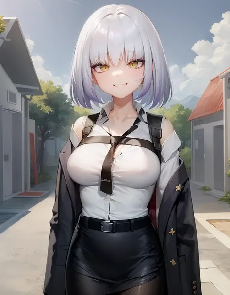 (extremely detailed CG unity 8k wallpaper),(masterpiece), (best quality), (ultra-detailed), (best illustration),(best shadow), (sharp eyeliner, eyeshadow, detailed eyes:1.1), (ghetto, refugee camp, ruins, desert, harsh sunlight:1.1)
,BREAK
(1girl:1.2), (morridownyto, white and purple two-tone hair:1.4), evil smile, off shoulder, collared shirt,( black tie, belt:1.2)
<lora:MachlianandMorridow:1>
