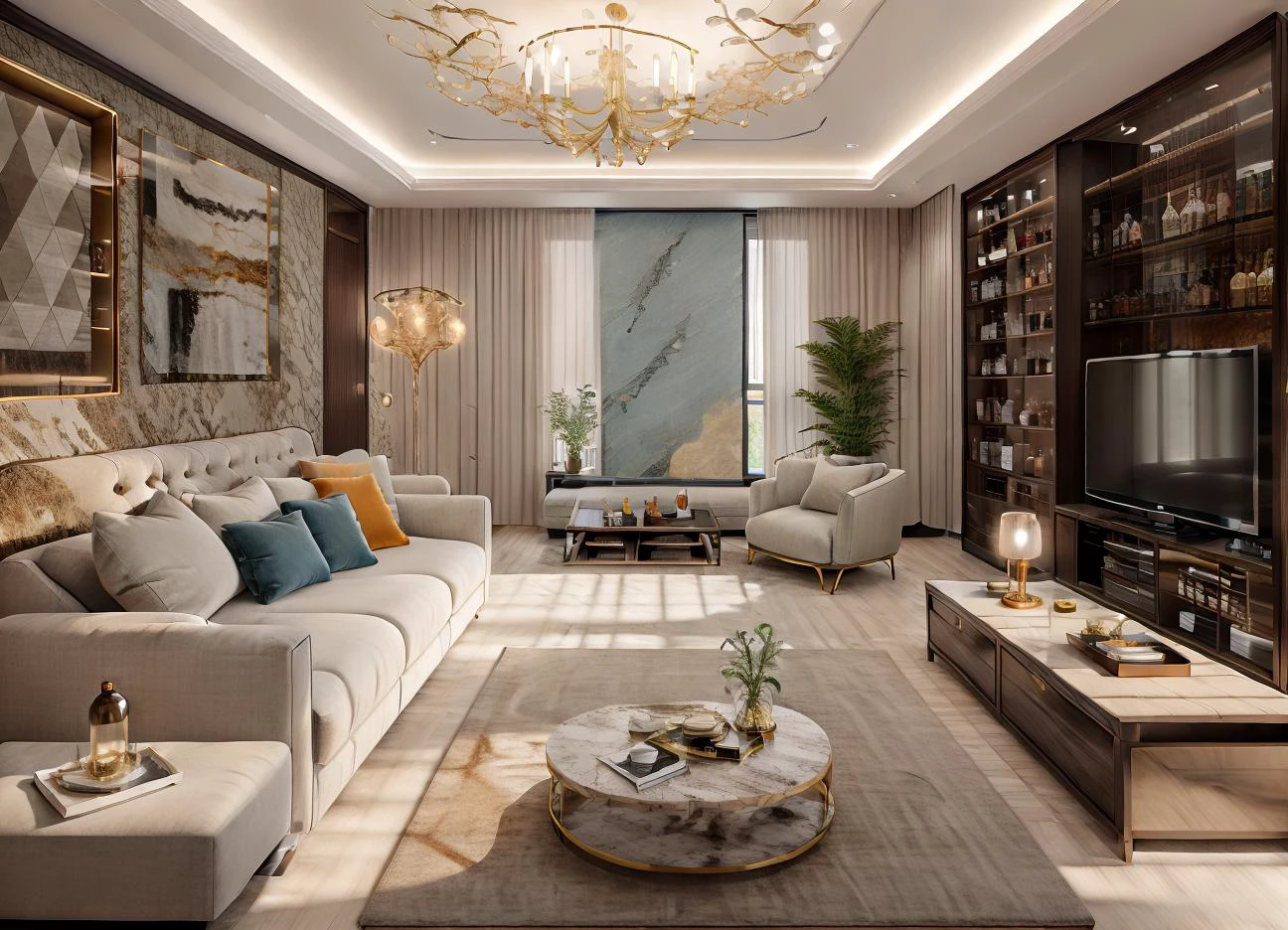ultra realistic, masterpiece, best quality, super detailed, ultra high res, raw photo, 8k,
a modern livingroom, (fabric sofa), (fabric pillow), stone opaque resin panel, brown and white, luxury, in the style of enchanting lighting, light gold and light black, li shuxing, traditional-modern fusion, soft atmospheric light, hard-edged lines, (window), fabric window blinds, blue sky, 1 black TV,
<lora:Modern luxury livingroom - PHK:0.6>, masterpiece,ultra realistic,32k,extremely detailed CG unity 8k wallpaper, best quality