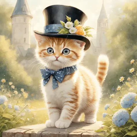 Alayna Lemmer art style professional painting of kitten wearing top hat. There are pretty flowers around. It is summer morning time. dynamic pose, dynamic background, dynamic composition, dynamic lighting, realistic proportions, hdr, raytracing, extreme detailed, ultra detailed, intricate details, highly detailed atmosphere, highly detailed textures.