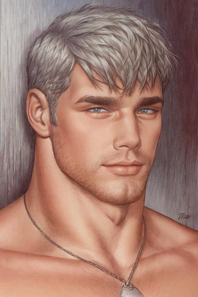 <lora:TomFin:0.7> t0f, colored pencil drawing of a man, <lora:jake:0.8> muscular male, silver hair