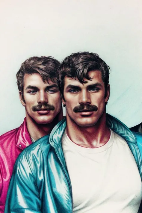 <lora:TomFin:0.8> t0f, colored pencil drawing of a group of men, stache, windbreaker, simple background