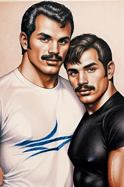 <lora:TomFin:0.8> t0f, colored pencil drawing of two men, stache, t-shirt, simple background