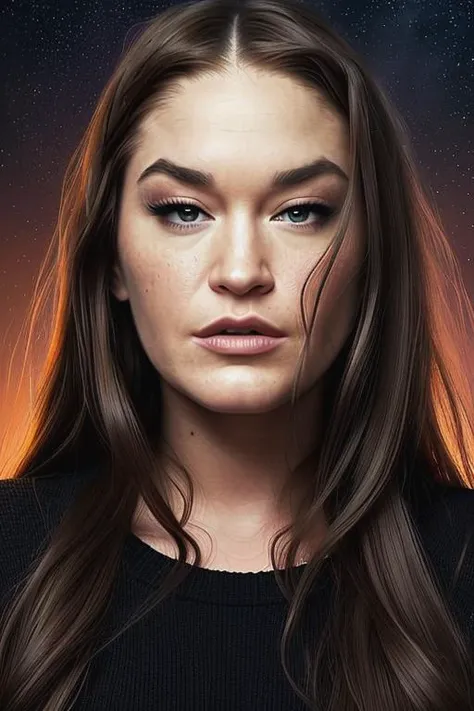 kndahart, (masterpiece, top quality, best quality, official art, beautiful and aesthetic:1.2), (fractal art:1.3), 1girl, beautiful, high detailed, dark lighting, serious face, looking the sky, sky, medium shot, black sweater, jewelry, masterpiece, best quality,