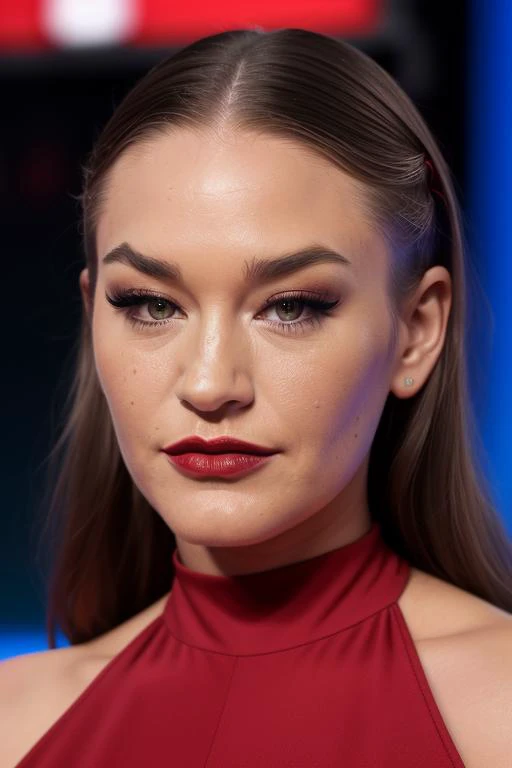 best quality (raw:1.1) photo of (kndahart :0.99), ((television makeup:1.2)), ( blue high neck jumpsuit:1.2), ((at a tv game show:1.2)), (closeup:1.2:1.2), RAW candid cinema, 16mm, color graded portra 400 film, remarkable color, ultra realistic, textured skin, remarkable detailed pupils, realistic dull skin noise, visible skin detail, skin fuzz, dry skin, shot with cinematic camera, detailed skin texture, (blush:0.2), (goosebumps:0.3), subsurface scattering, (detailed pupils:1.3), ( ruby red lipstick:1.2)