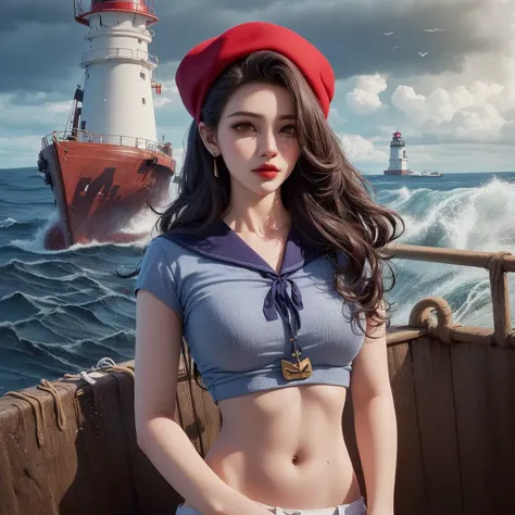 shiny eyes, looking at viewer, [:(detailed face:1.2):0.2], Jingyi with long hair, high res, 1girl, (sex:1.2), chinese, Tongliya, (masterpiece:1.4),(best quality:1.4), 1girl, bangs, beach, bikini, blue sky, blush, breasts, cleavage, covered nipples, curvy, day, small breasts, lips, long hair, looking at viewer, navel, parted lips, skindentation, solo, thick thighs, thighs, very long hair, realistic, (shiny skin:1.2),

(A digital painting of a strong and capable sailor woman on a wooden sailboat in the middle of the ocean, with a confident and experienced expression, surrounded by the vast and limitless sea, with turbulent waves and a stormy sky, with a dramatic and intense atmosphere, rich and saturated colors. The woman wears a classic sailor uniform with a blue and white striped shirt, a navy cap, and a red scarf around her neck. She leans against the wooden mast with one hand, while the other hand grips the rope that controls the sail. The boat itself is intricately detailed, with ropes, pulleys, and other nautical equipment on display. In the background, distant seagulls fly overhead, and a lighthouse is visible on the horizon. The overall style is realistic and detailed, with a focus on the texture and details of the wood, water, and fabric:2)

(PureErosFace_V1:1.5), <hypernet:sgqo1n:0.4>, (ulzzang-6500-v1.1), <lora:LORAJingyiJuChinese_jingyi10:0.8>, <lora:nudify_v12:0.3>, <lora:fashionGirl_v30ForSD15AndWaifu:0.7>, <lora:hugeAssAndBoobs_v1:1>,