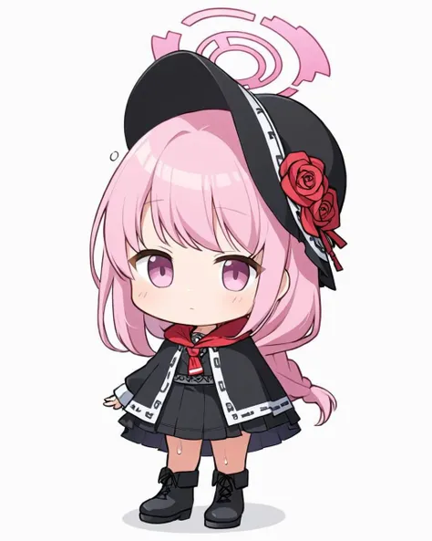 eimi \(blue archive\),1girl, solo, white_background, boots, full_body, chibi, simple_background, sweat, gloves, virtual_youtuber, rose, bonnet, black_skirt, parted_lips, standing, halo, looking_away, black_footwear, hat_flower, cross-laced_footwear, cosplay, cloak
<lora:eimi_(blue_archive)_image732_2023-11-26:1>halo. gorgeous,key visual, vibrant, studio anime,award-winning, professional, highly detailed,high budget, cinemascope