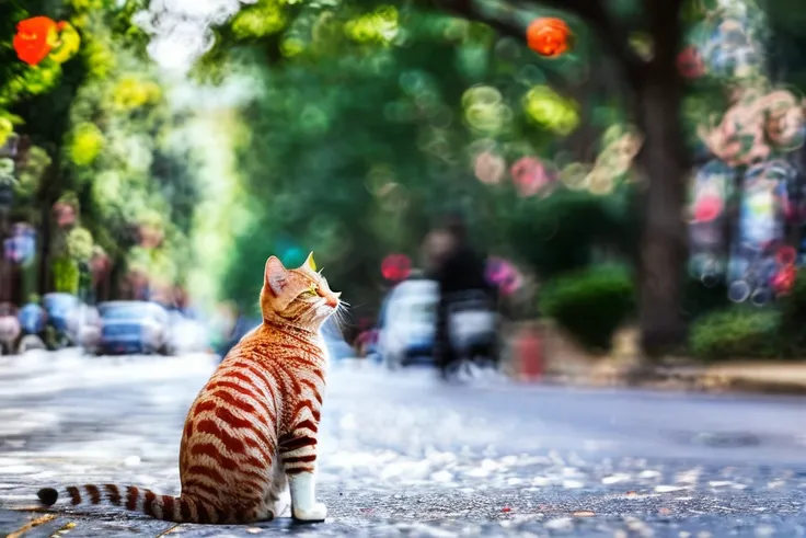 500R,((a cat,street corner)),bright background,masterpiece,best quality,super detailed,high resolution,very detailed,8k uhd, (fidelity, fidelity: 1.5) , realistic, (natural light), (bokeh: 1.5), (depth of field:1.2), bokeh background, amazing, fine detail, best, high quality, RAW photo,