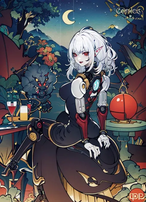 ((best quality)), ((highly detailed)), masterpiece, absurdres, (detailed eyes, deep eyes), (1girl), from behind, looking back, arms at sides, (((cyborg, cybernetics), robot limbs, (mechanization), (ball-joints), (armor))), (vampire), (pointed ears), (glowing) red eyes:1, (pale skin:1.3), (white hair:1.3), ð§ââï¸, ((wine glass)), parted lips, fangs, medium breasts, black and red gothic dress, sharp nails, (black and red gothic dress), <lora:throne:.7>, sitting on a throne, laced high heels, ((arrogant)), disdainful expression, (red_lipstick:1.3), inside a gothic castle, at night, stained glass, (outside, in a rainforest, rainforest canopy, midnight, night sky, stars, crescent moon), <lora:Yomama_Edo_artstyle:.8>, yomama_edo, (cloud, smoke, wave, mountain)