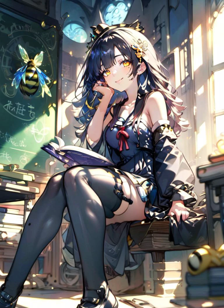 ((best quality)), ((highly detailed)), masterpiece, extremely detailed face, beautiful face, , (1girl), wariza, ((<lora:gothgirl:.6>)), (((bee girl))), ð, colored skin, yellow colored skin, (black hair, <lora:conceptColoredInner_v10:1>, yellow colored inner hair), honey yellow eyes, fur, (arthropod girl), ((antennae)), (bee wings), (symmetrical wings), (carapace), <lora:ExtraArms:.9>, ExtraArms, extra arms, (arthropod limbs), wide hips, beehive, jar of honey on a table, honeycomb (pattern), hexagons, fur-trimmed clothes, black and yellow clothes, (queen, crown, royal), (motherly smile), mole, mole on breast, mole under eye, very long hair, large breasts, sagging breasts, strapless dress, ((long dress, maxidress:1.2)), garter straps, stockings, detached sleeves, feather boa, bare shoulders, collarbone, holding a scepter, inside, palace throne room, honeycomb (pattern) walls, <lora:throne:.65>, sitting on a throne, (hand on own chin, head rest)}, (inside, at a classroom, desks, a schoolgirl, schoolgirl uniform, pleated skirt, <lora:EraseGroinSkirt:1>), <lora:Chun-paretto-wizard-v1-ANL:1>
