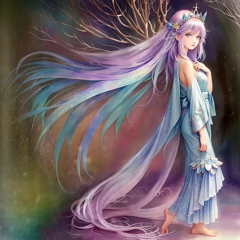 Princess girl with wing, Blue, Pastel, glitter, dramatic, dreamy, pastel, Watercolor, Whimsical, Delicate, seashell crown, Trending on Artstation, Highly detailed, Intricate, Portrait, digital painting, Fantasy theme, Fantasy robes, Fantasy concept art, Fantasy character art, Smug, Teenage girl, perfect body, full body, dreamy, pastel, Watercolor,