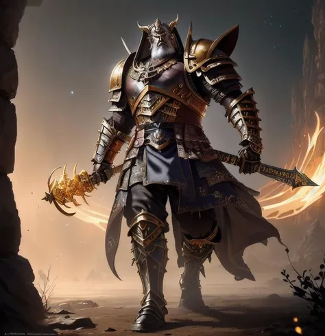 (Painting:1.3) of (Detailed illustration:1.3) A (full body:1.3) shot at 8k resolution, splash art, fantastic comic book style, photorealistic, intense look, anatomical photorealistic , digital painting portrait of a (old male:1.3) human (warrior:1.3) in black and gold intricate (heavy armor:1.3) in a (dark and moody universe:1.3), light particle, very detailed skin,samurai, very detailed eyes, (elden ring style:1.3), (warhammer style:1.1), concept artist, global illumination, depth of field, splash art, art by artgerm and greg rutkowski and viktoria gavrilenko