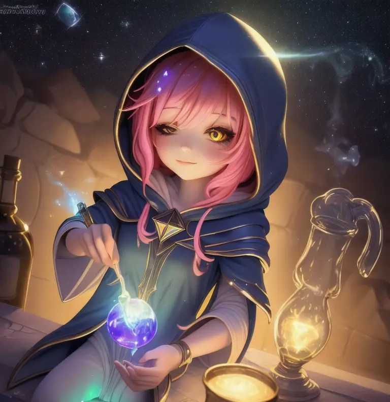 woman, masterpiece, best quality, realistic, happily floating in space, sparkly, glowing, masterpiece, best quality, young sorceress mixing potions, cute, chibi, hood up, moody lighting, fun, happy, silly, glow, glowing, mystical, magical, rim lighting