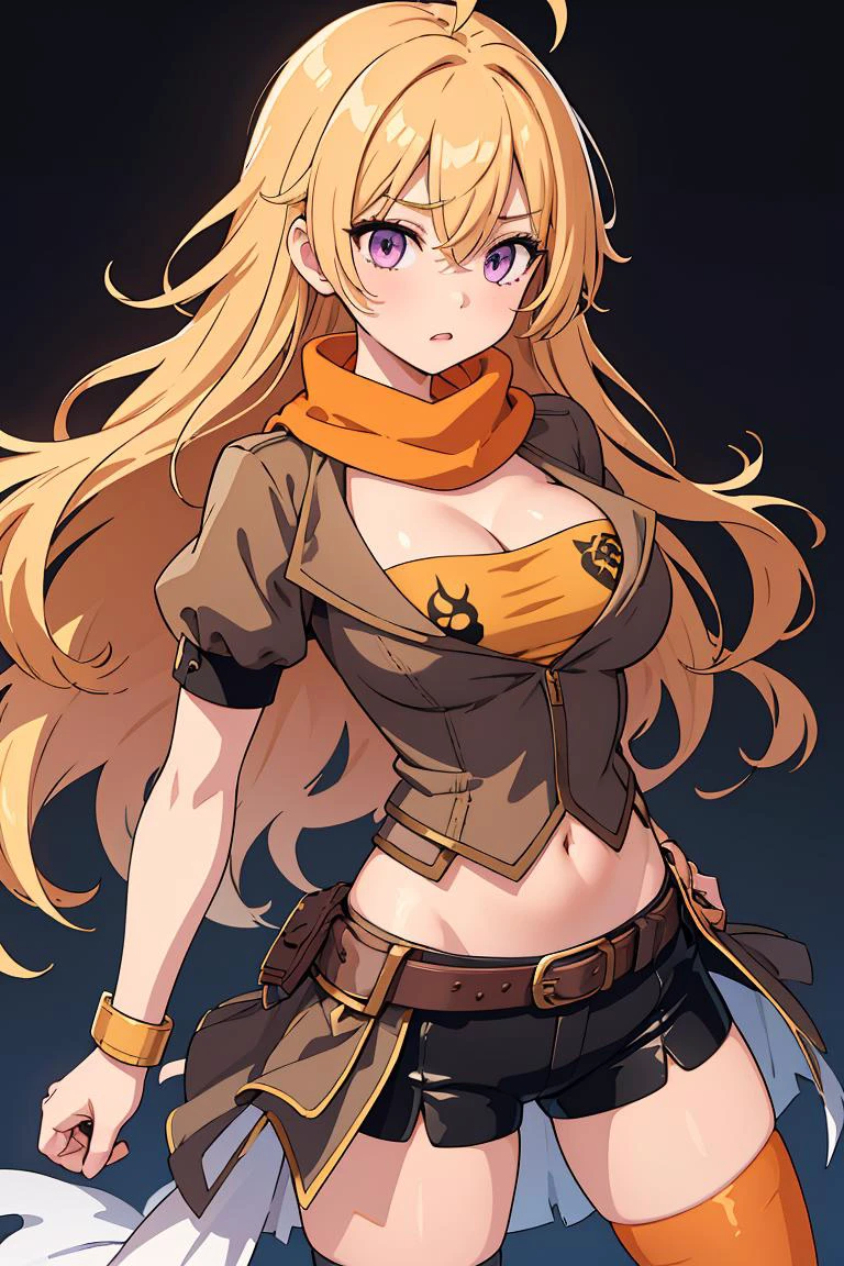 (masterpiece, best quality), 1girl, <lora:LoRA_Xiao:0.8> XiaoDef, purple eyes, blonde hair, long hair, wavy hair, very long hair, hair between eyes, breasts, bangs, large breasts, medium breasts, thighhighs, navel, cleavage, jacket, ahoge, short sleeves, shorts, midriff, puffy sleeves, belt, stomach, scarf, puffy short sleeves, short shorts, black shorts, bike shorts, buckle, asymmetrical legwear, brown jacket, belt buckle, brown belt, waist cape, orange scarf, orange thighhighs