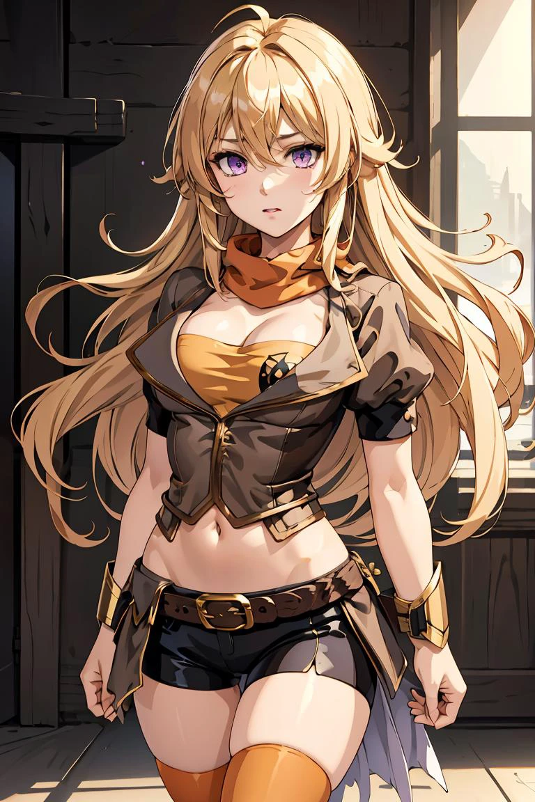 (masterpiece, best quality), 1girl, <lora:LoRA_Xiao:0.8> XiaoDef, purple eyes, blonde hair, long hair, wavy hair, very long hair, hair between eyes, breasts, bangs, large breasts, medium breasts, thighhighs, navel, cleavage, jacket, ahoge, short sleeves, shorts, midriff, puffy sleeves, belt, stomach, scarf, puffy short sleeves, short shorts, black shorts, bike shorts, buckle, asymmetrical legwear, brown jacket, belt buckle, brown belt, waist cape, orange scarf, orange thighhighs