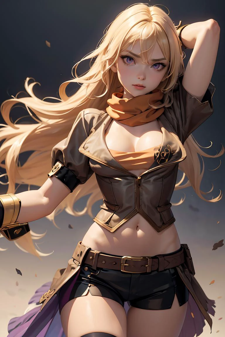 (masterpiece, best quality), 1girl, <lora:LoRA_Xiao:0.8> XiaoDef, purple eyes, blonde hair, long hair, wavy hair, very long hair, hair between eyes, breasts, bangs, large breasts, medium breasts, thighhighs, navel, cleavage, jacket, ahoge, short sleeves, shorts, midriff, puffy sleeves, belt, stomach, scarf, puffy short sleeves, short shorts, black shorts, bike shorts, buckle, asymmetrical legwear, brown jacket, belt buckle, brown belt, waist cape, orange scarf, orange thighhighs
