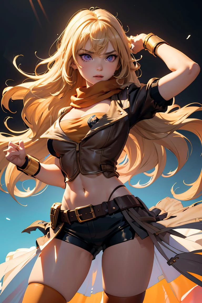 (masterpiece, best quality), 1girl, <lora:LoRA_Xiao:0.8> XiaoDef, purple eyes, blonde hair, long hair, wavy hair, very long hair, hair between eyes, breasts, bangs, large breasts, medium breasts, thighhighs, navel, cleavage, jacket, ahoge, short sleeves, shorts, midriff, puffy sleeves, belt, stomach, scarf, puffy short sleeves, short shorts, black shorts, bike shorts, buckle, asymmetrical legwear, brown jacket, belt buckle, brown belt, waist cape, orange scarf, orange thighhighs