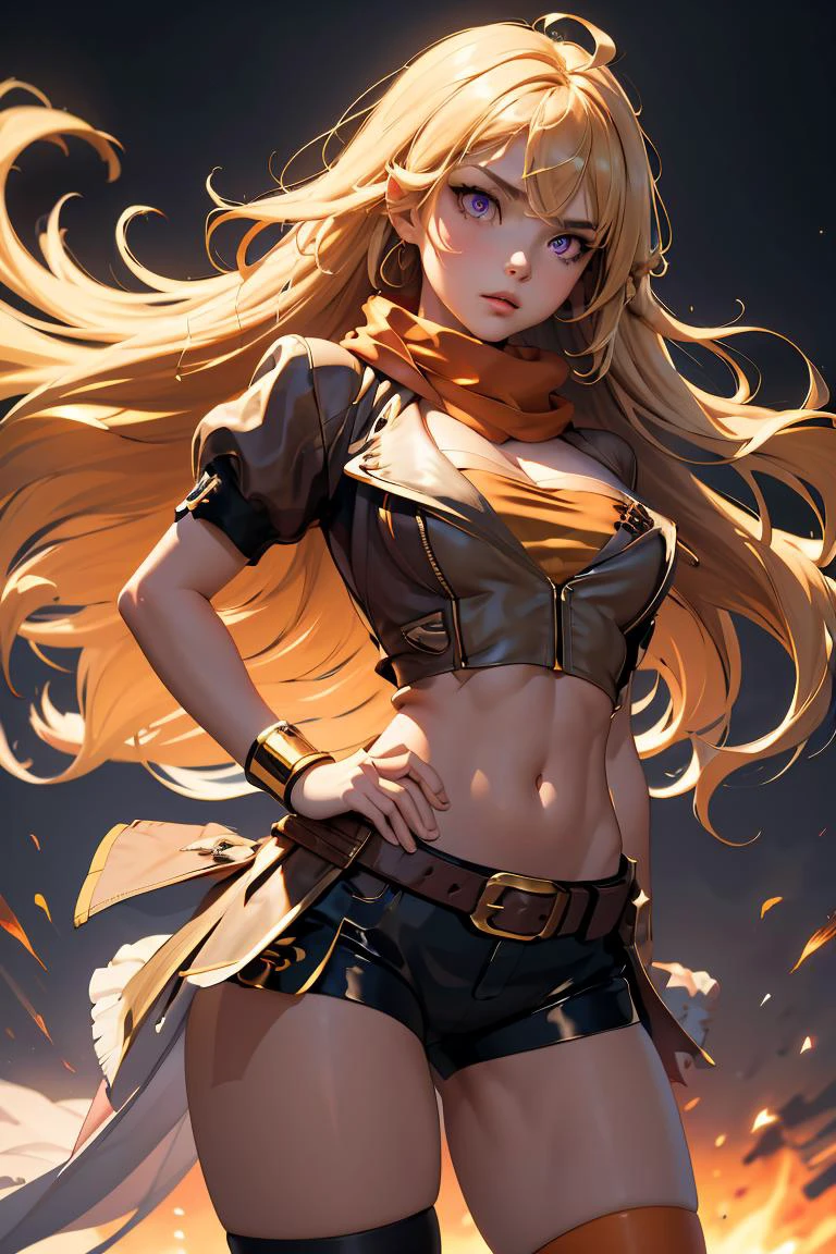 (masterpiece, best quality), 1girl, <lora:LoRA_Xiao:0.8> XiaoDef, purple eyes, blonde hair, long hair, wavy hair, very long hair, hair between eyes, breasts, bangs, large breasts, medium breasts, thighhighs, navel, cleavage, jacket, ahoge, short sleeves, shorts, midriff, puffy sleeves, belt, stomach, scarf, puffy short sleeves, short shorts, black shorts, bike shorts, buckle, asymmetrical legwear, brown jacket, belt buckle, brown belt, waist cape, orange scarf, orange thighhighs