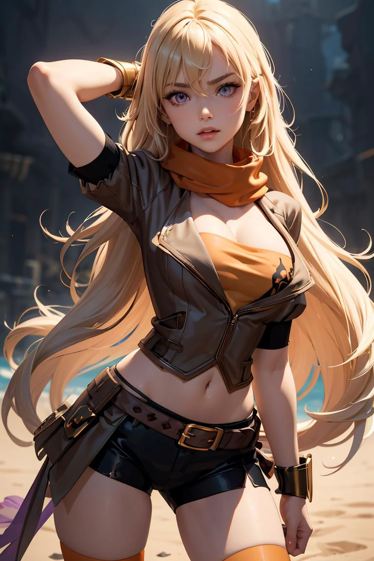 (masterpiece, best quality), 1girl, <lora:LoRA_Xiao:0.8> XiaoDef, purple eyes, blonde hair, long hair, wavy hair, very long hair, hair between eyes, breasts, bangs, large breasts, medium breasts, thighhighs, navel, cleavage, jacket, ahoge, short sleeves, shorts, midriff, puffy sleeves, belt, stomach, scarf, puffy short sleeves, short shorts, black shorts, bike shorts, buckle, asymmetrical legwear, brown jacket, belt buckle, brown belt, waist cape, orange scarf, orange thighhighs