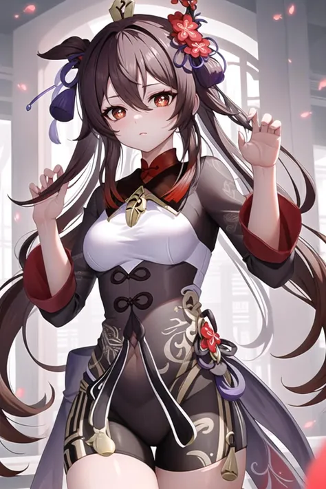 ((masterpiece)), ((best quality)), <lora:GoodHands-vanilla:1.0>, <lora:Scottie:0.8>, <lora:hutao_v2:0.7>, medium breasts, hu tao(genshin impact), symbol shaped pupils, brown hair, red brown eyes