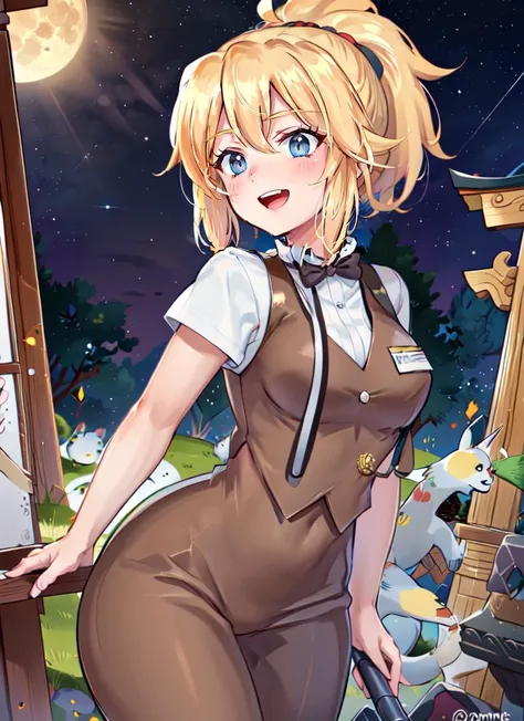 ((best quality)), ((highly detailed)), masterpiece, absurdres, (detailed eyes, deep eyes), (1girl), cowboy shot, (((wide shot))), <lora:AnzhcTuxedo:1>, anzhctuxedo, suit jacket, suit pants, <lora:Fionna:.85>, Fionna, blonde hair, blue eyes, medium breasts, smiling, long hair, ponytail, work uniform, orange bowtie, brown vest, white collared shirt, pants, (outdoors, at a Japanese temple, torii, stone lanterns, night, night sky, stars, broken moon, telescope)