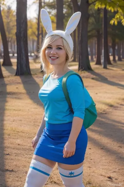 <lora:Fionna:0.8> Fionna, thighhighs, blue shirt, skirt, rabbit hood, bag, smile, looking at viewer, simple background