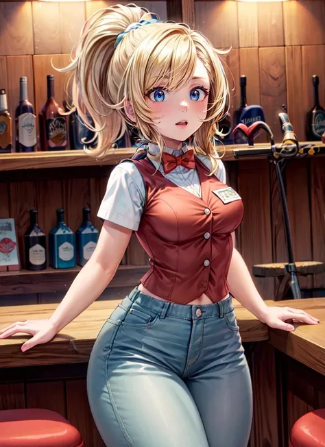 Blonde hair, blue locks, collar around the neck, open top, short denim shorts, school class, hat, smile, bare chest, naked tits, White running shoes 