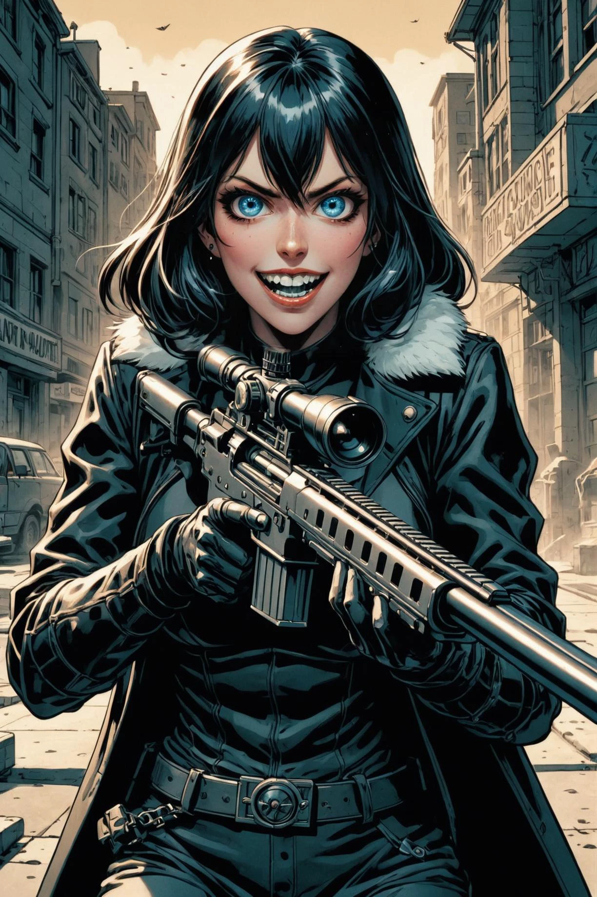 comic book illustration<lora:comic_book_illustration:3.00> by Richard S. Johnson and Malcolm Liepke in the style of Pentti Sammallahti, school_girl, sorceress, intimidating, exalted, arcane, using a sniper rifle <lora:sniper_rifle:0.50> <lora:huge_anime_eyes:2.50><lora:aesthetic:3.00>, maniacal laughter <lora:maniacal_laughter:2.5>