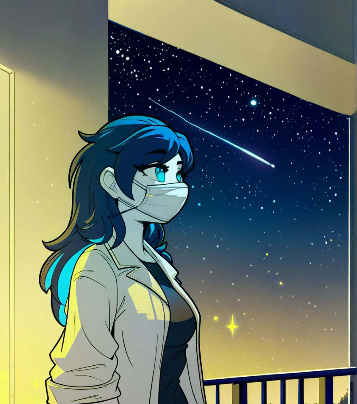 score_9_up, rating_safe, standing, 1girl, long hair, dark blue hair, cyan eyes, pale skin, medium breasts, medical mask
, outdoors, on an active volcano, midnight, night sky, stars, moonlight, shooting star, thunder storm, <lora:cooliehigh_5:1>, cooliehigh