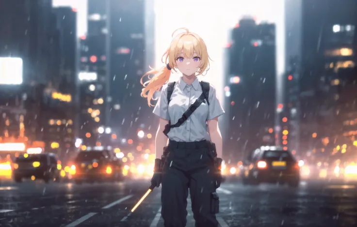 highres, cute, ahoge, tactical gloves, bokeh, sunset, cloudy, city, street, urban, city lights, neon lights, metropolis, traffic, tactical baton, skyscrapers, street, cyberpunk, science fiction, (soldier:1.2), tactical clothes, tactical vest, 1girl, blonde hair, solo, bangs, long hair, ponytail, white shirt, pants, low ponytail, standing, short sleeves, sidelocks, adjusting clothes, eyes in shadow, <lora:epiNoiseoffset_v2:1.7>, bokeh, dimly lit, round lighting, dark ambient, purple eyes, bloom, light rays, light particles, raining, chromatic aberration, <lora:bf34ArtsStyleLoraBeta_v10:.75> , <lora:miyasemahiroArtStyle_v1011760:.2>