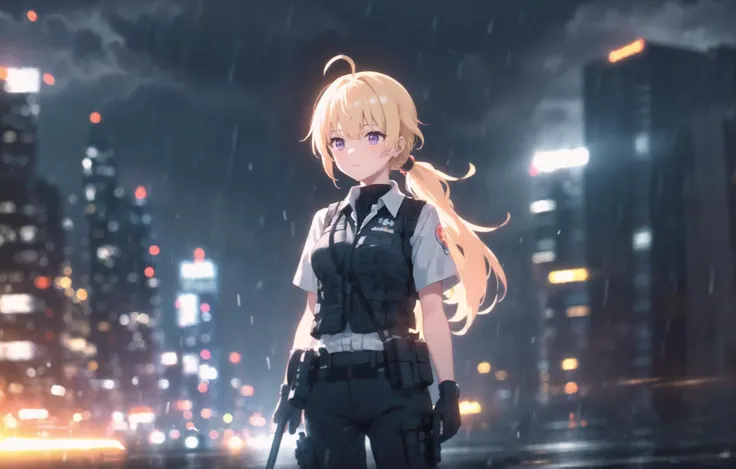 highres, cute, ahoge, tactical gloves, bokeh, sunset, cloudy, city, street, urban, city lights, neon lights, metropolis, traffic, gun, assault rifle, skyscrapers, street, cyberpunk, science fiction, (soldier:1.2), tactical clothes, tactical vest, 1girl, blonde hair, solo, bangs, long hair, ponytail, white shirt, pants, low ponytail, standing, short sleeves, sidelocks, adjusting clothes, eyes in shadow, <lora:epiNoiseoffset_v2:1.7>, bokeh, dimly lit, round lighting, dark ambient, purple eyes, bloom, light rays, light particles, raining, chromatic aberration, <lora:bf34ArtsStyleLoraBeta_v10:.75> , <lora:miyasemahiroArtStyle_v1011760:.2>