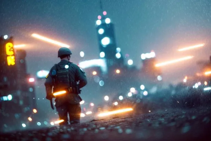 (Cinematic Photo:1.3) of (Realistic:1.3),(Fearful:1.3) a american soldier, From Behind, in new york city, bokeh, light particles, monochrome, painting by <lora:BF4Color:1>,Highly Detailed,(Dark hue:1.3),(close portrait:1.3),thematic background