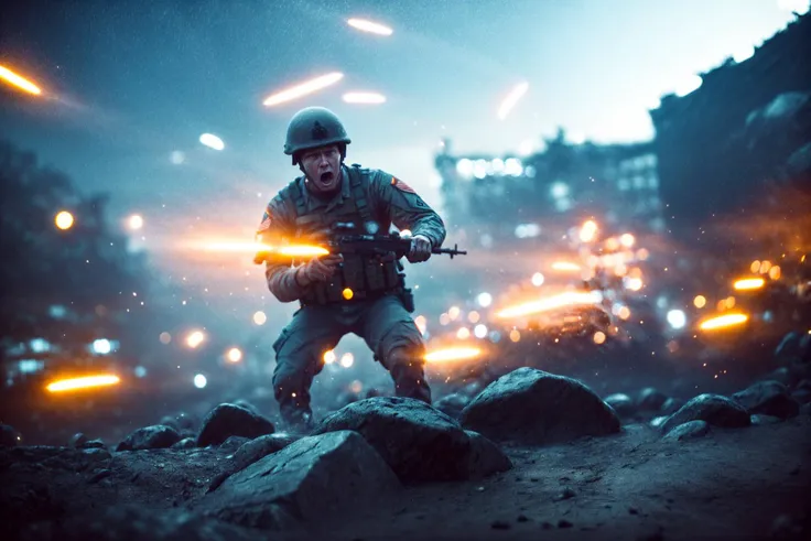 (Cinematic Photo:1.3) of (Realistic:1.3),(Fearful:1.3) a american soldier, mid-shot, bokeh, light particles, monochrome, painting by <lora:BF4Color:1>,Highly Detailed,(Dark hue:1.3),(close portrait:1.3),thematic background