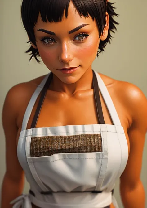 a portrait of a petite (PxiBel:1.1), undercut hair, maid, (apron:1.1), very small breasts, amazing body, legwear suspenders, kitchen, close up, skin covered by flour