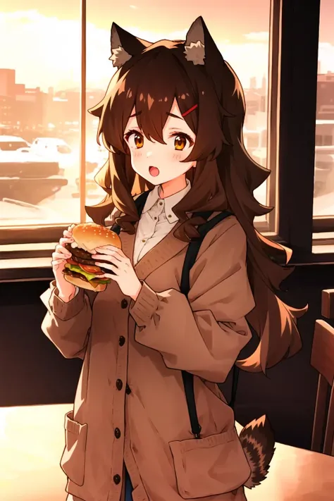 1girl, fukuda, raccoon tail, brown hair, animal ears, brown eyes, brown cardigan, cafe, burger, cocktail, <lyco:GoodHands-beta2:1>