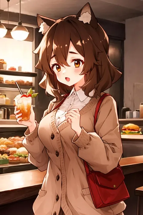 1girl, fukuda, raccoon tail, brown hair, animal ears, brown eyes, brown cardigan, cafe, burger, cocktail, <lyco:GoodHands-beta2:1>