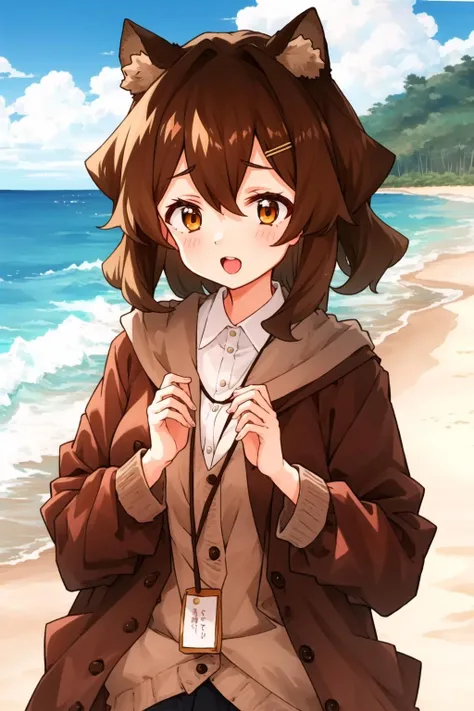 1girl, fukuda, raccoon tail, brown hair, animal ears, brown eyes, brown cardigan, beach, <lyco:GoodHands-beta2:1>