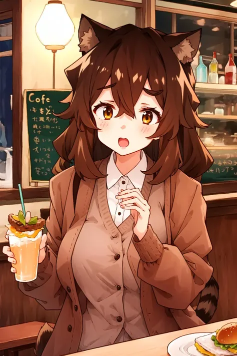 1girl, fukuda, raccoon tail, brown hair, animal ears, brown eyes, brown cardigan, cafe, burger, cocktail, <lyco:GoodHands-beta2:1>
