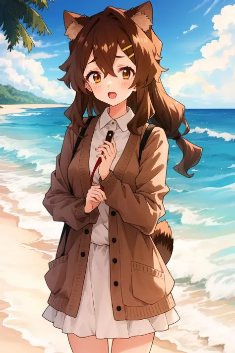 1girl, fukuda, raccoon tail, brown hair, animal ears, brown eyes, brown cardigan, beach, <lyco:GoodHands-beta2:1>