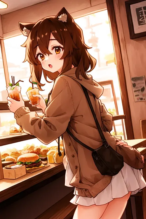 1girl, fukuda, raccoon tail, brown hair, animal ears, brown eyes, brown cardigan, cafe, burger, cocktail, <lyco:GoodHands-beta2:1>