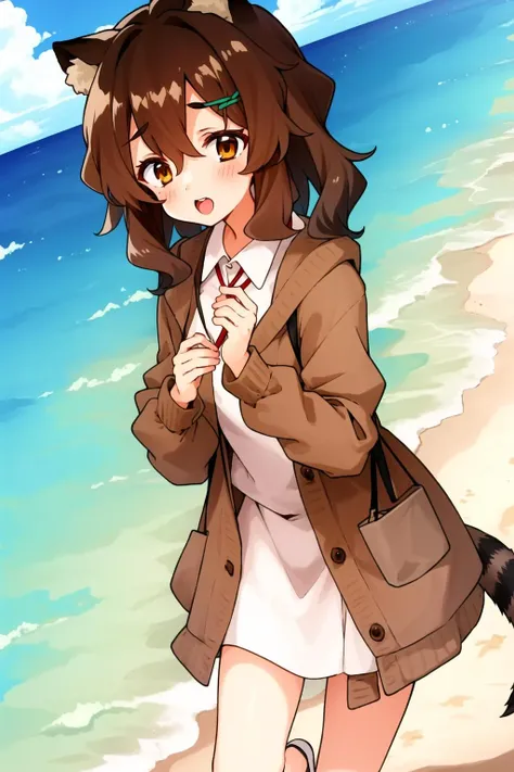 1girl, fukuda, raccoon tail, brown hair, animal ears, brown eyes, brown cardigan, beach, <lyco:GoodHands-beta2:1>