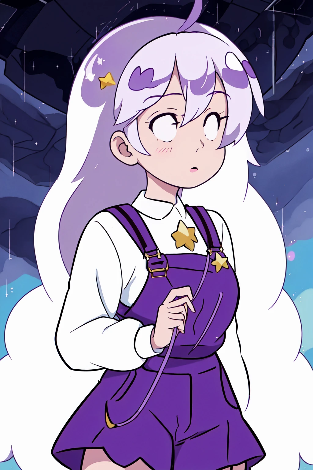 1girl, ahoge, angel, backpack, bee and puppycat style, black eyes, long hair, long sleeves, overalls, purple hair, rain, skirt, star, (sky), upper body, white hair, <lora:Bee_n_Puppycat:0.8>