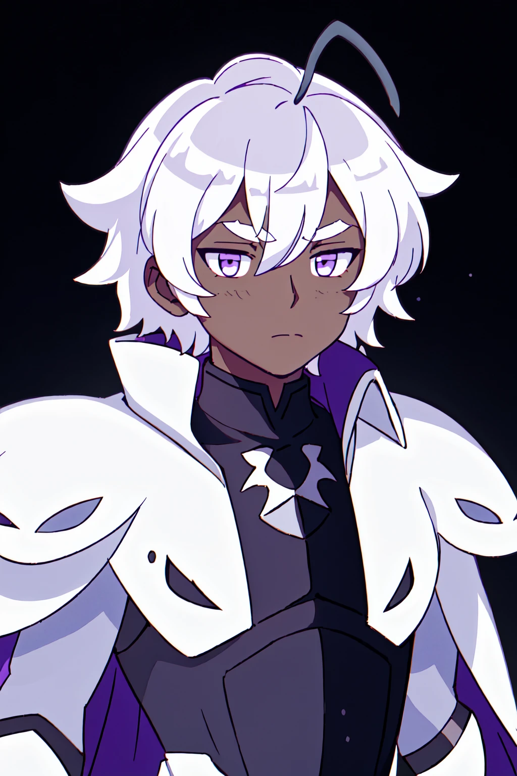 Bee and Puppycat Style, solo, looking at viewer, short hair, simple background, 1boy, closed mouth, upper body, white hair, male focus, artist name, dark skin, cape, armor, black eyes, gradient, gradient background, colored skin, dark-skinned male, thick eyebrows, antennae, purple skin, <lora:Bee_n_Puppycat:0.8>