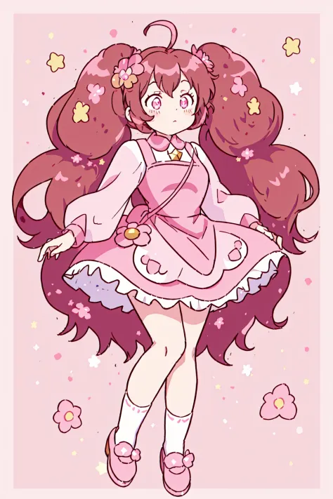 Bee and Puppycat Style, 1girl, solo, blush, brown hair, hair ornament, long sleeves, dress, twintails, full body, flower, ahoge, shoes, socks, hair flower, pink eyes, star (symbol), border, pink dress, pink flower, outline, star hair ornament, pink footwear, <lora:Bee_n_Puppycat:0.8>