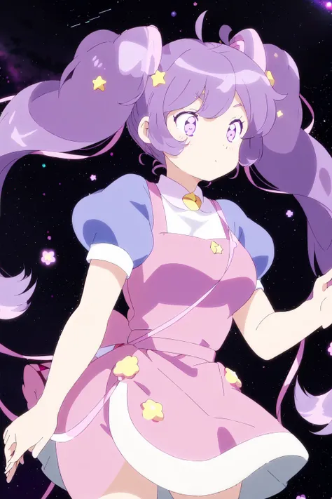 Bee and Puppycat Style, flat colors, retro art style, 1girl, solo, ribbon, twintails, purple eyes, purple hair, short sleeves, pink eyes, star (symbol), star (sky), space, <lora:Bee_n_Puppycat:0.8>