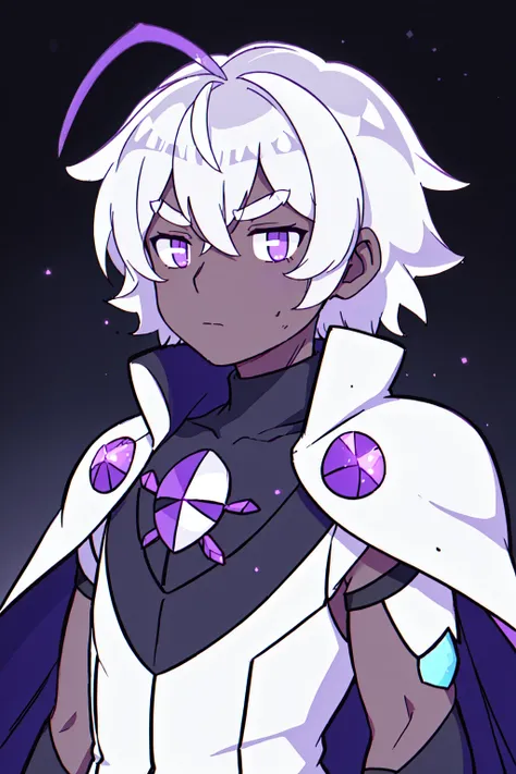 Bee and Puppycat Style, solo, looking at viewer, short hair, simple background, 1boy, closed mouth, upper body, white hair, male focus, artist name, dark skin, cape, armor, black eyes, gradient, gradient background, colored skin,purple skin, grey skin, dark-skinned male, thick eyebrows, antennae, purple skin, <lora:Bee_n_Puppycat:0.8>